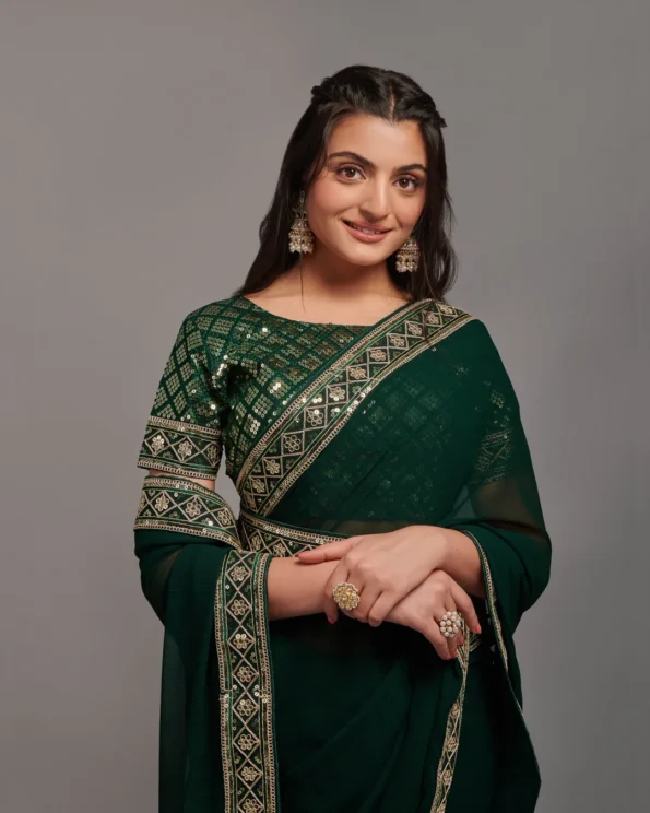 Video Player Majestic Opulence: Zariwork Chinon Designer Saree - Image 20