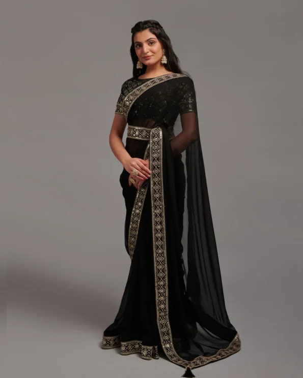 Video Player Majestic Opulence: Zariwork Chinon Designer Saree - Image 9