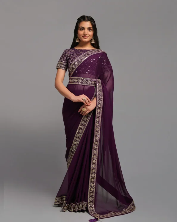 Video Player Majestic Opulence: Zariwork Chinon Designer Saree - Image 2