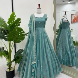 Eid Special Thread & Sequence Work Gown Set with Pent and Cutwork Dupatta