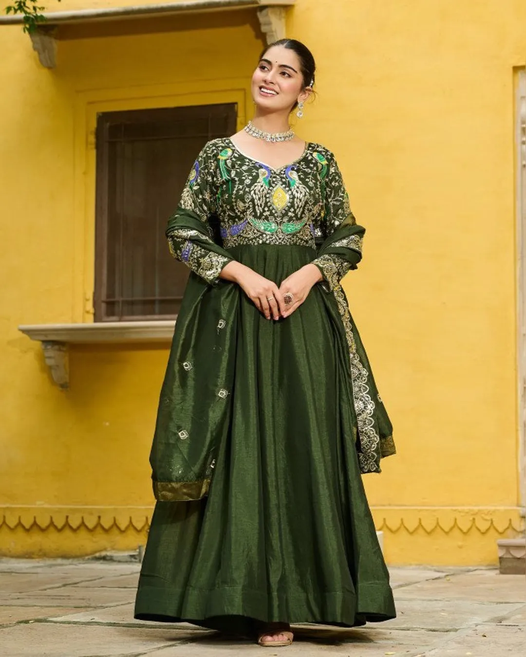 Premium Vichitra Gown & Dupatta Set – Multi Thread & Zari Embroidery Work