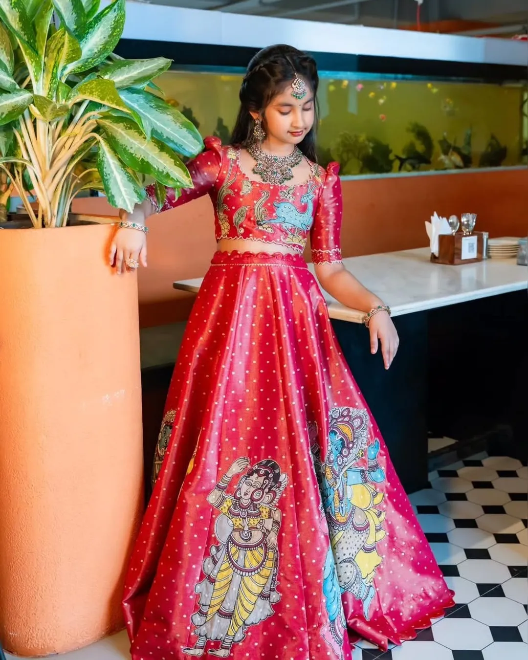 Trending Kalamkari Printed & Embroidered Kids Lehenga Choli Set – Fully Stitched Chinon Silk Ensemble