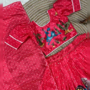 Trending Kalamkari Printed & Embroidered Kids Lehenga Choli Set – Fully Stitched Chinon Silk Ensemble