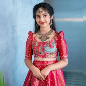 Trending Kalamkari Printed & Embroidered Kids Lehenga Choli Set – Fully Stitched Chinon Silk Ensemble