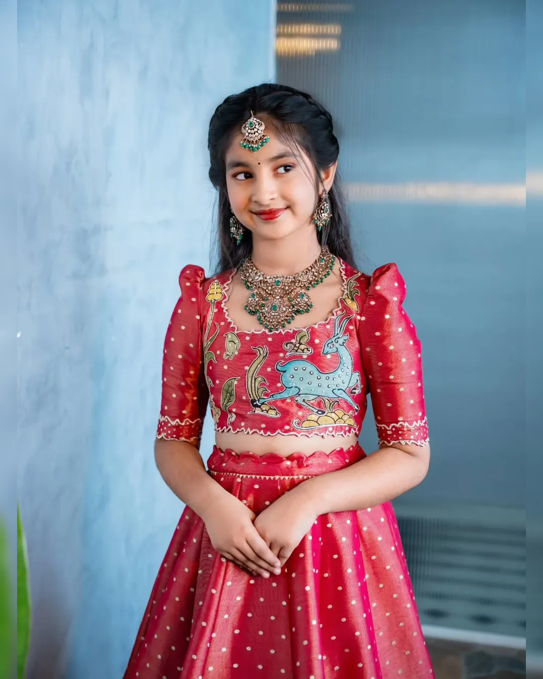 Trending Kalamkari Printed & Embroidered Kids Lehenga Choli Set – Fully Stitched Chinon Silk Ensemble - Image 11