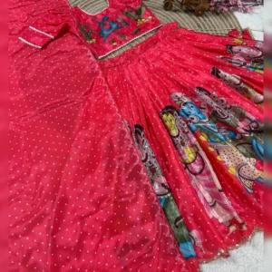 Trending Kalamkari Printed & Embroidered Kids Lehenga Choli Set – Fully Stitched Chinon Silk Ensemble