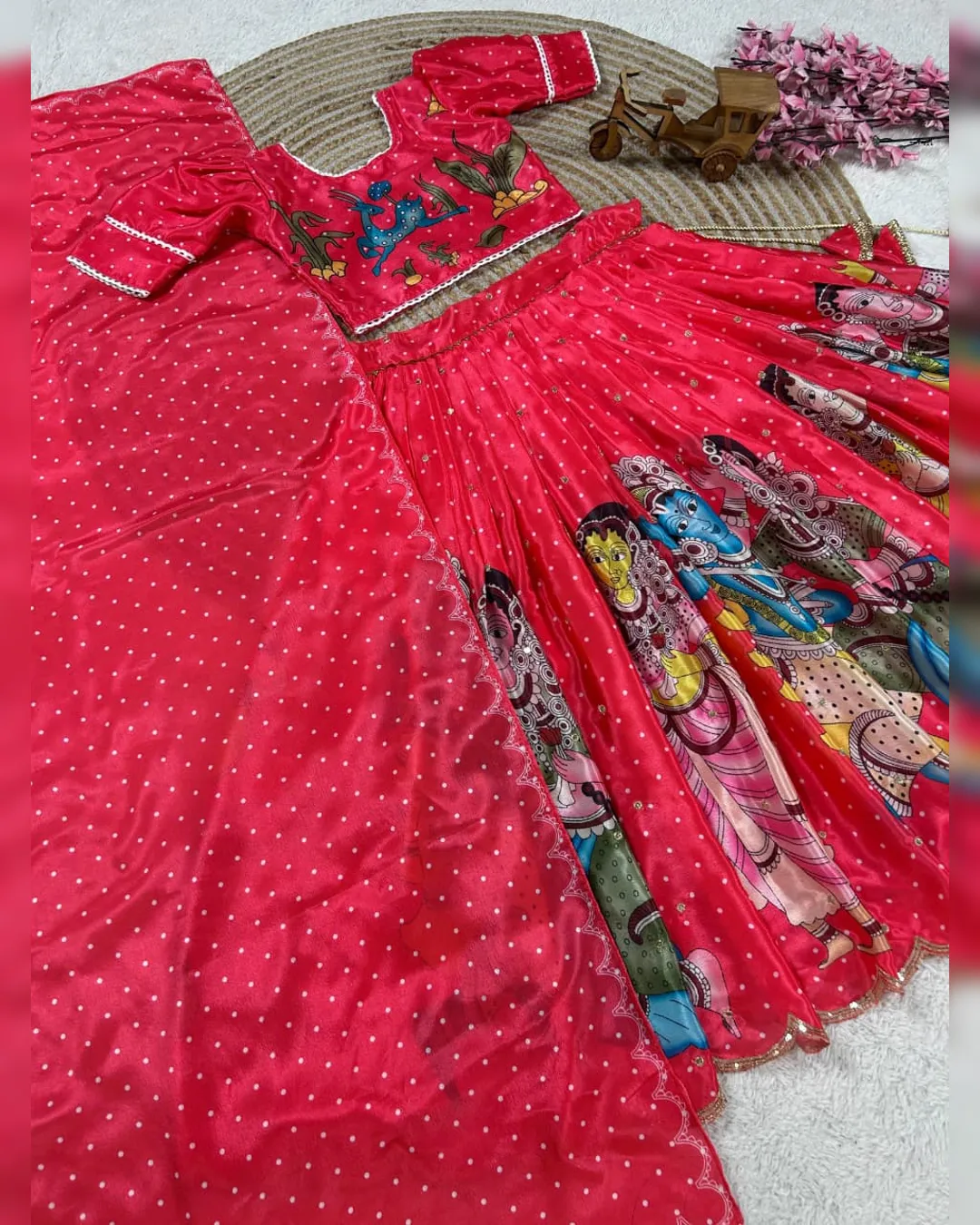 Trending Kalamkari Printed & Embroidered Kids Lehenga Choli Set – Fully Stitched Chinon Silk Ensemble - Image 3