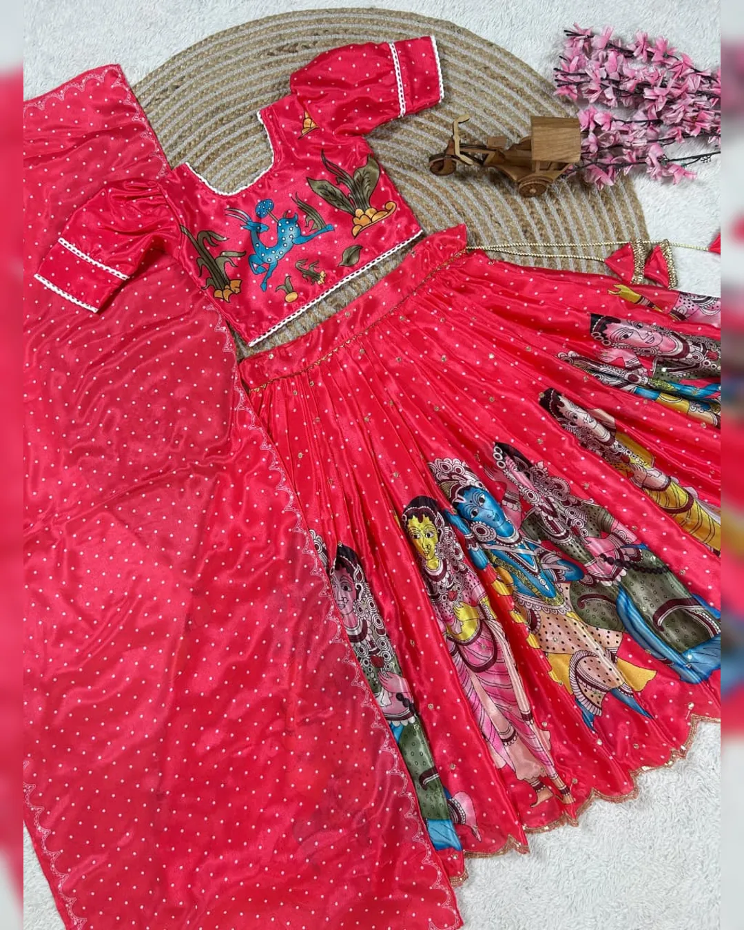 Trending Kalamkari Printed & Embroidered Kids Lehenga Choli Set – Fully Stitched Chinon Silk Ensemble - Image 9