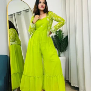 Lime Green Handcrafted Faux Georgette Jacket Jumpsuit with Zari & Hand Embroidery