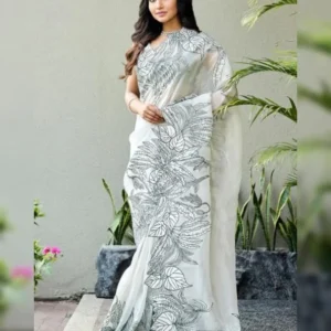 Elegant Plain Linen Saree with Digital Print and Cut Work Border