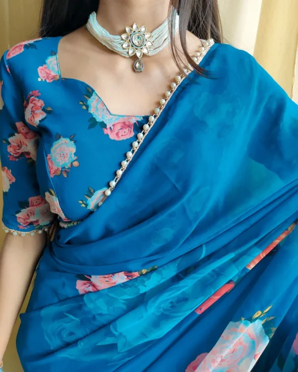 Classy Georgette Printed Saree with Pearl Lace Border - Image 5
