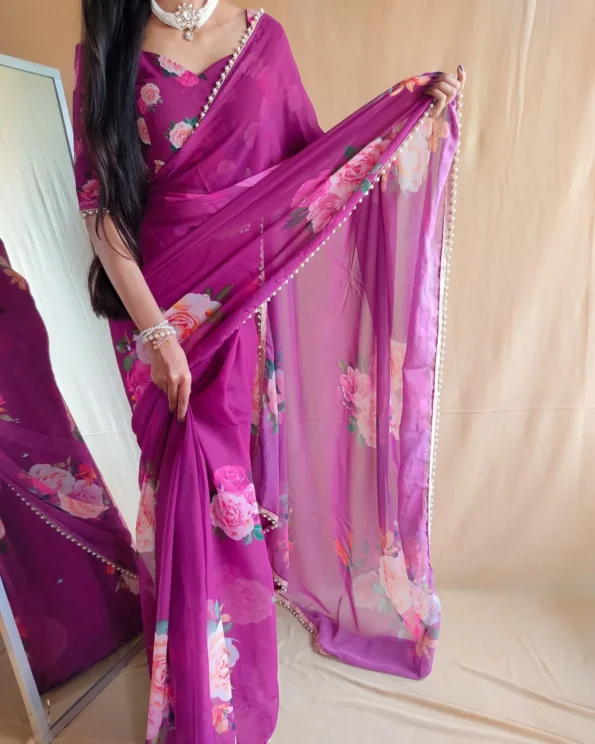 Classy Georgette Printed Saree with Pearl Lace Border - Image 3
