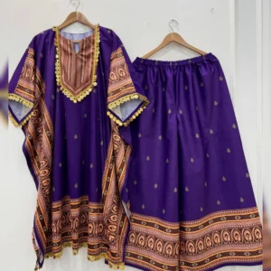 Luxurious Viscose Velvet Kaftan with Plazo – Digital Print with Lace Border