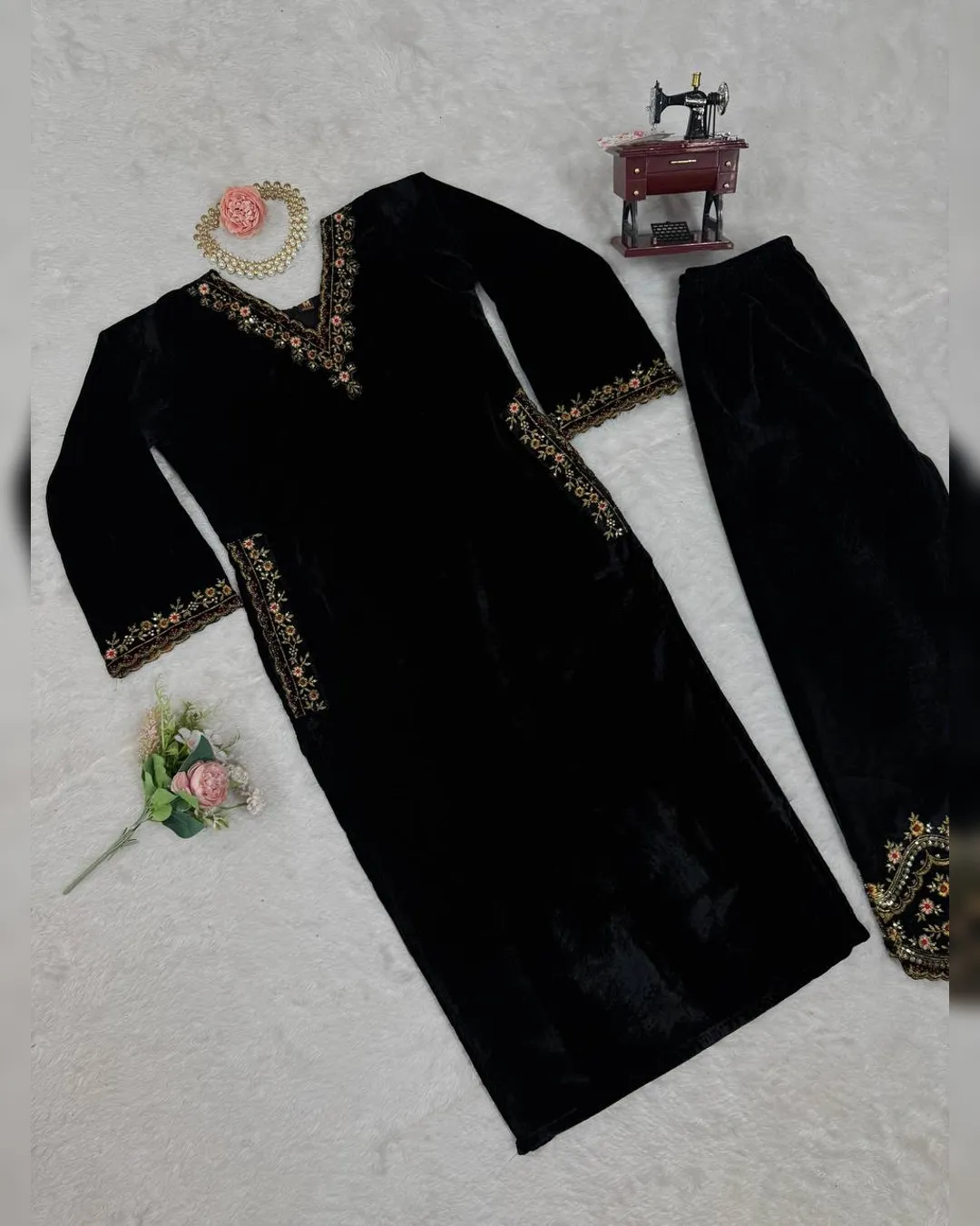 Winter Special Viscose Velvet Thread & Sequins Work Top and Pant Set - Image 3