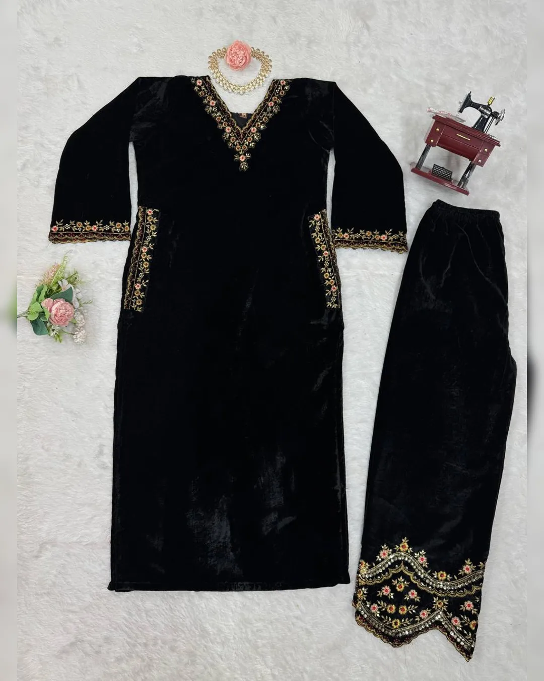 Winter Special Viscose Velvet Thread & Sequins Work Top and Pant Set - Image 6