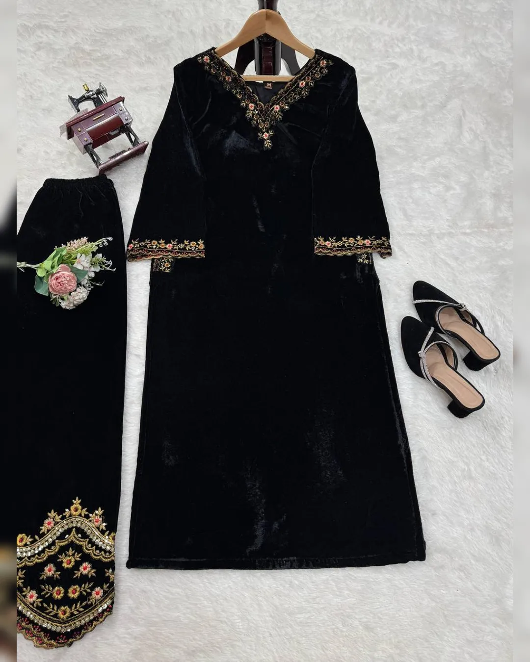 Winter Special Viscose Velvet Thread & Sequins Work Top and Pant Set - Image 7