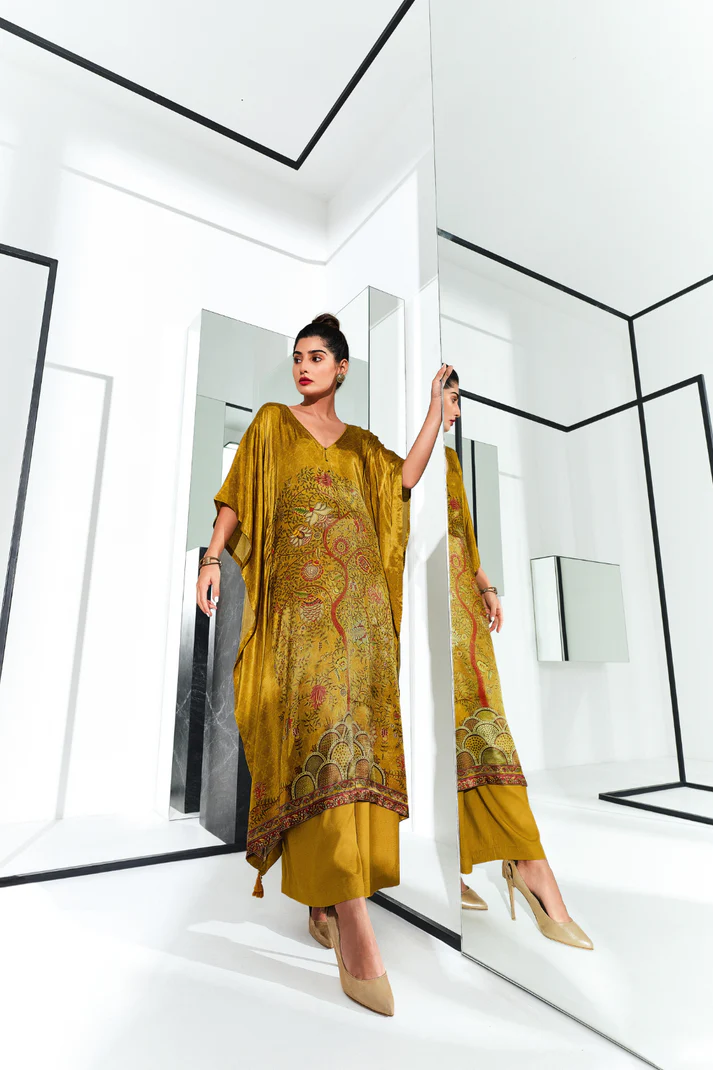 Gaji Silk Printed Kaftan Top Paired with Cotton Bottom - Image 8
