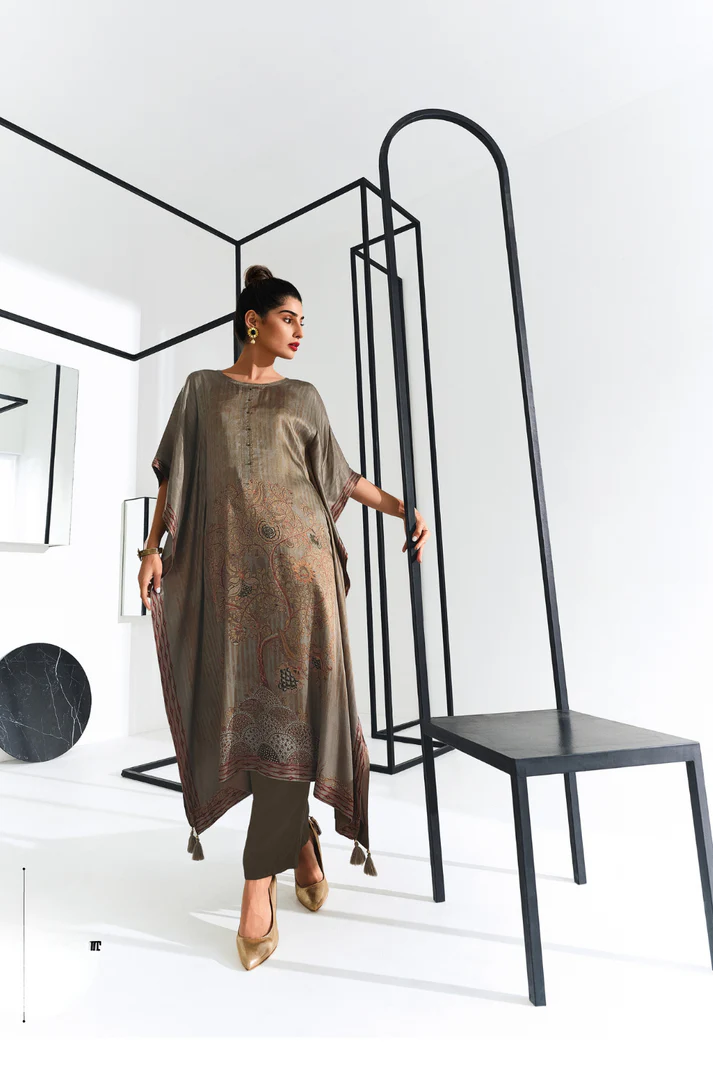Gaji Silk Printed Kaftan Top Paired with Cotton Bottom - Image 4