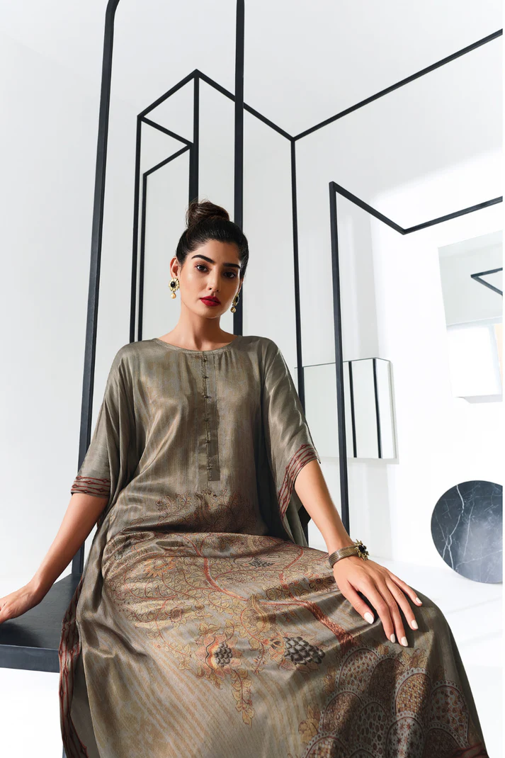 Gaji Silk Printed Kaftan Top Paired with Cotton Bottom - Image 5