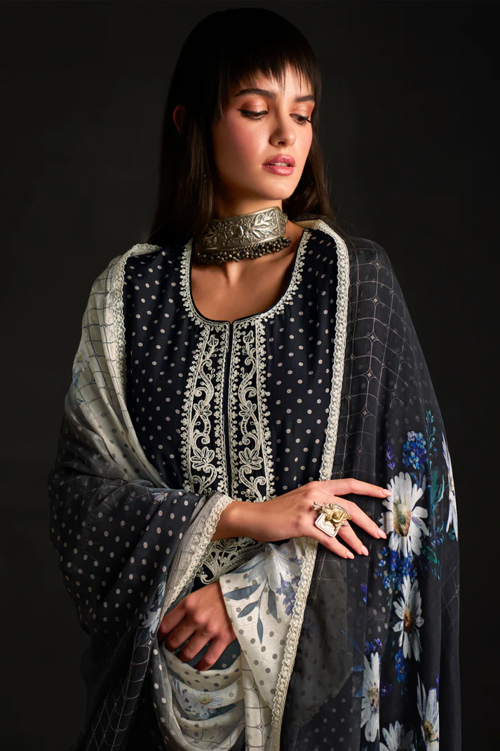 Chic Muslin Salwar Suit with Prints & Embroidered Organza Sleeves - Image 7