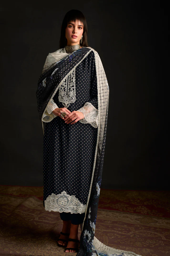 Chic Muslin Salwar Suit with Prints & Embroidered Organza Sleeves - Image 9