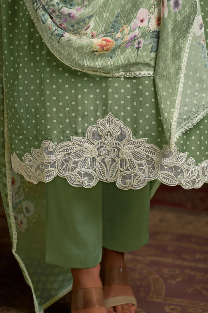 Chic Muslin Salwar Suit with Prints & Embroidered Organza Sleeves - Image 5