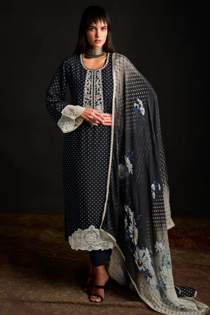 Chic Muslin Salwar Suit with Prints & Embroidered Organza Sleeves - Image 6
