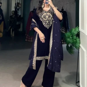 Sapnaaz Special Velvet Kurti Set with Sequins & Thread Embroidery Work – Kurti, Pent & Dupatta