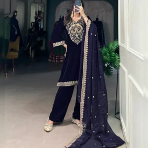Sapnaaz Special Velvet Kurti Set with Sequins & Thread Embroidery Work – Kurti, Pent & Dupatta