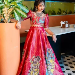 Trending Kalamkari Printed & Embroidered Kids Lehenga Choli Set – Fully Stitched Chinon Silk Ensemble