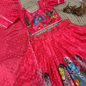 Trending Kalamkari Printed & Embroidered Kids Lehenga Choli Set – Fully Stitched Chinon Silk Ensemble