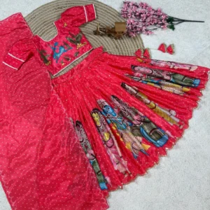 Trending Kalamkari Printed & Embroidered Kids Lehenga Choli Set – Fully Stitched Chinon Silk Ensemble