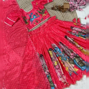Trending Kalamkari Printed & Embroidered Kids Lehenga Choli Set – Fully Stitched Chinon Silk Ensemble