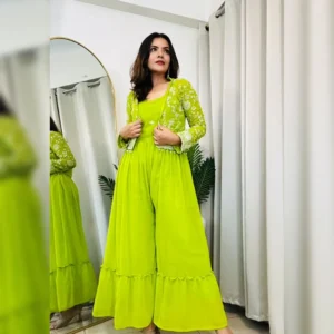 Lime Green Handcrafted Faux Georgette Jacket Jumpsuit with Zari & Hand Embroidery
