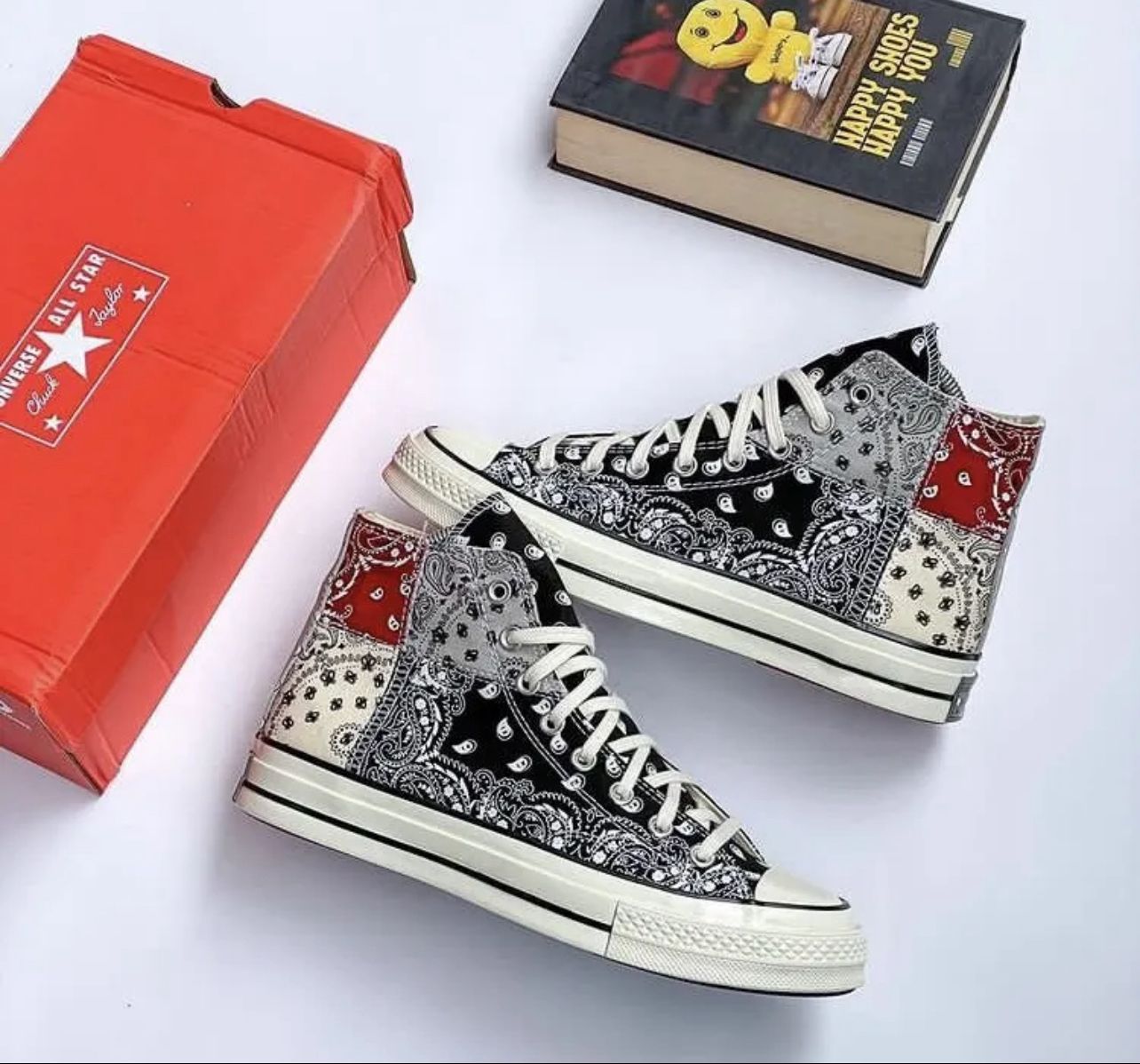 Black Ankle Bandana Print Cloth Shoes Lightweight Cut Printed Casual Sneakers Shoes For Men and Women - Image 5